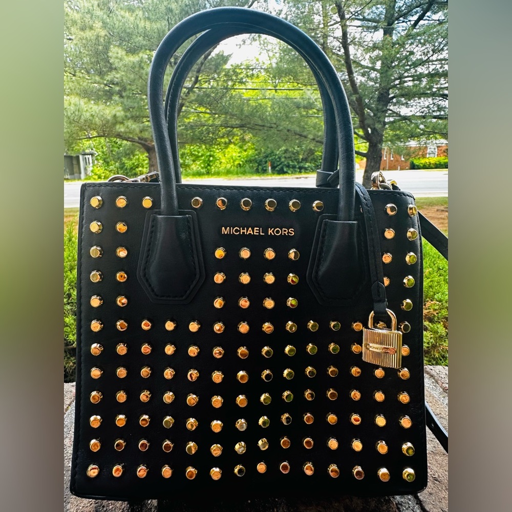 Michael Kors gold tone studded tote style handbag with shoulder strap